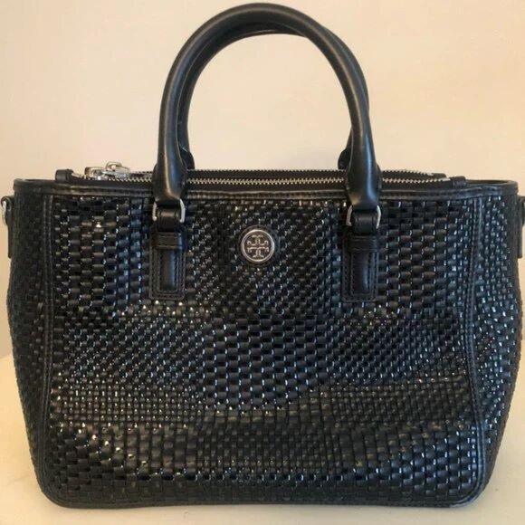 Tory Burch Robinson Black Tote Basketweave Saffiano Leather Large Handbag Bag NW - Picture 9 of 9